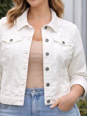 Vintage Sears Womens White Cotton Jean Jacket Plus Sz 18 Petite ¾ Sleeves